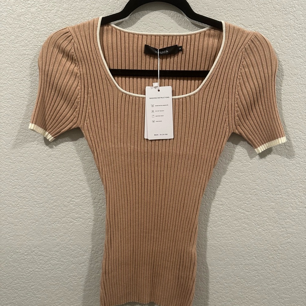 Tan and White Ribbed Fitted Bodysuit